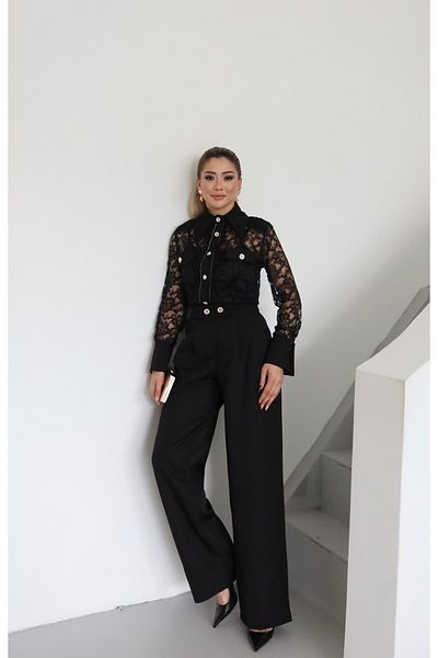 1Moda1Tarz Women's Imported Fabric Inner Blouse Top Lace Accessory Jacket Bottom Button Detail Pants Lined Design Suit