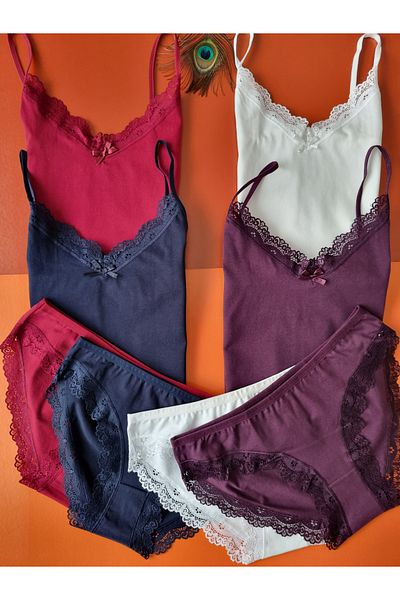 Demirsa Boutique طقم سراويل داخلية نسائية مكونة من 4 قطع باللون الأرجواني والبورجوندي والإكرو والأزرق الداكن مع أشرطة حبل من الدانتيل
