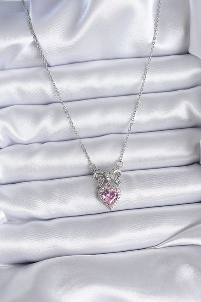 Clariss 316L Steel Silver Color Chain Pink Crystal Heart Zircon Stone Ribbon Model Women's Necklace
