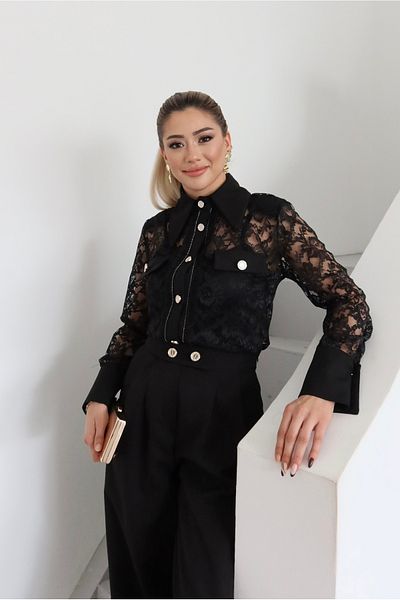 1Moda1Tarz Women's Imported Fabric Inner Blouse Top Lace Accessory Jacket Bottom Button Detail Pants Lined Design Suit