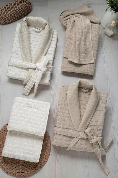 Pierre Cardin Dowry Patterned 100% Cotton 6-Piece Bathrobe Towel Set 2 Bathrobes 2 Face Towels & 2 Bath Towels