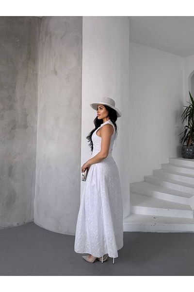 369 etnik butik Rochie maxi în formă de A, fără mâneci, cu guler înalt din dantelă