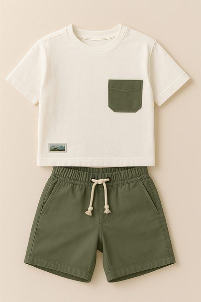 Sipsirin Boys Summer Clothes Pocket Detail Short Sleeve T-Shirt and Shorts Set - White & Khaki