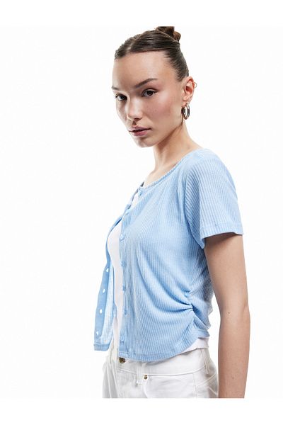 Koton Viscose Blended Buttoned Slim Fit Short Sleeve Crew Neck Knitwear Cardigan