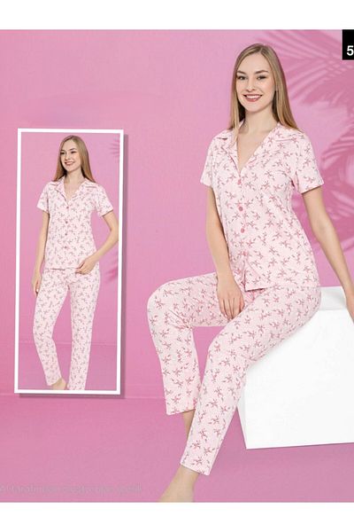 Modamorfo Set de pijamale cu mânecă scurtă, cu decolteu în V, cu nasturi, cu imprimeu floral - pudră