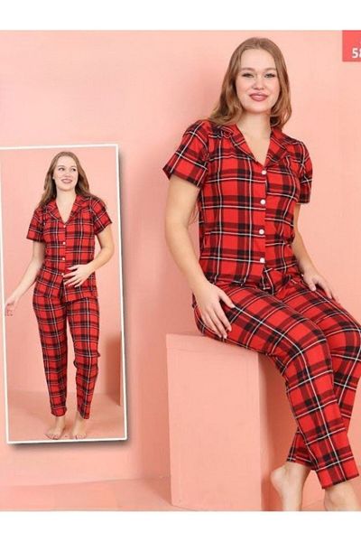 Modamorfo Set pijama cu mânecă scurtă cu nasturi în carouri -Roșu