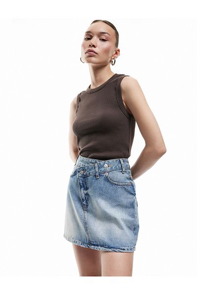 Koton Cotton Asymmetrical Buttoned Pocket Denim Mini Skirt