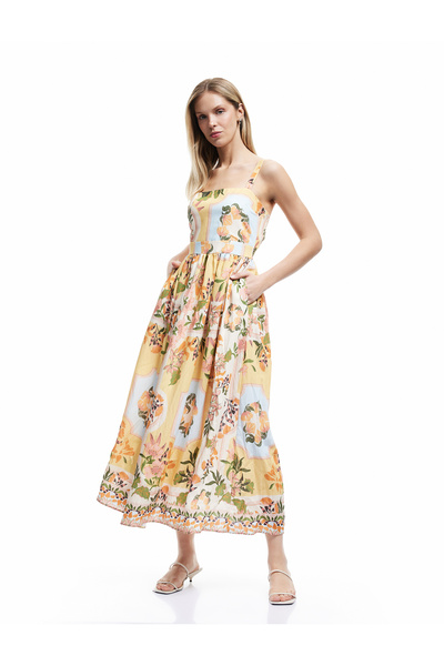 Koton Rochie florală cu bretele de lungime midi, fără mâneci, căptușită cu țe...