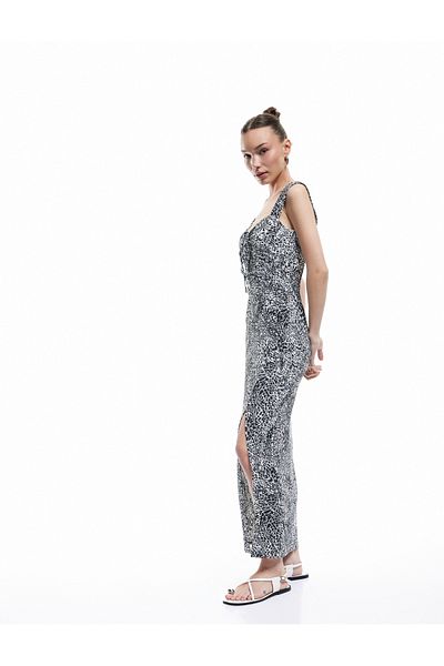Koton Bürümcük Χοντρό λουράκι Bodycon Λεπτομέρεια Αμάνικο Μακρύ Λεοπάρ Φόρεμα