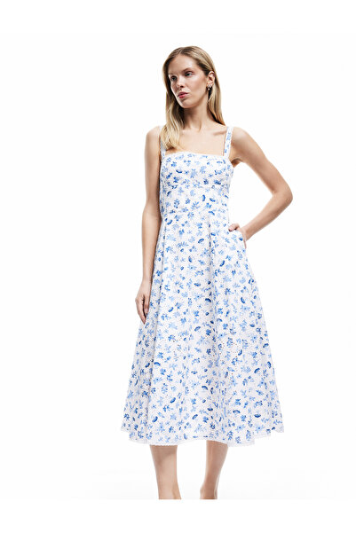 Koton Pamuklu Kare Yaka A Kesim Midi Boy Çiçekli Askılı Elbise