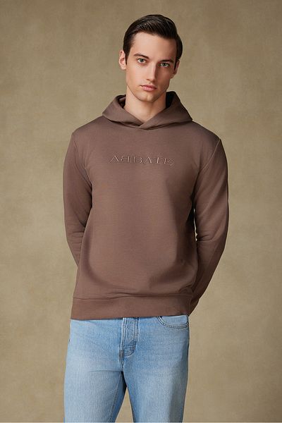 Abbate Special Design Embroidery Detailed Cotton Relaxed Cut Brown Hooded Oversize Sweatshirt Hoodie