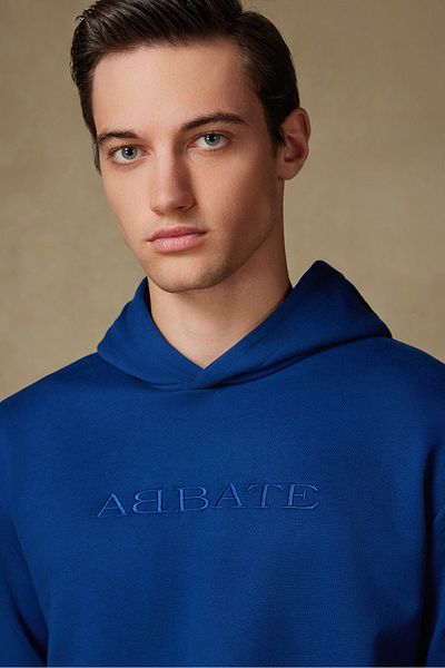 Abbate Special Design Embroidery Detailed Cotton Relaxed Cut Saks Blue Hooded Oversize Sweatshirt Hoodie