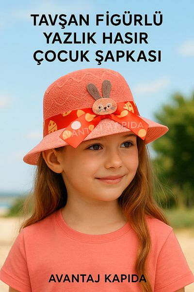 Avantaj Kapıda Special Design Summer Straw Girl's Hat – with Ribbon & Figure 4-12 Years,