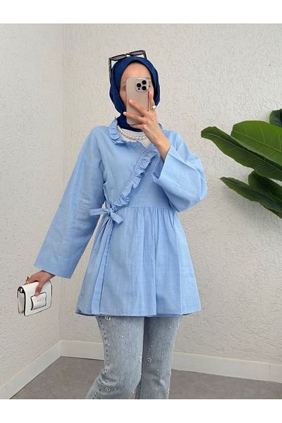 Modamorfo Kimono din in cu guler cu volane și cravată laterală - Baby Blue
