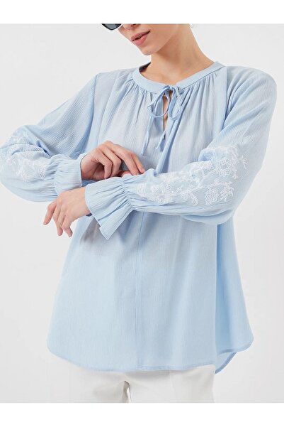 Modamorfo Yakası Bağlamalı Kolu Nakışlı Lastikli Gömlek -Bebe Mavi