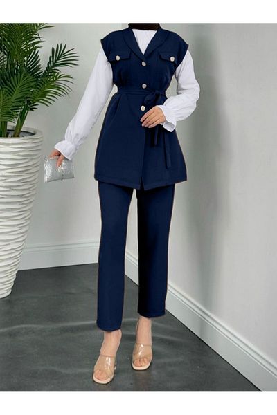 Modamorfo Zero Sleeve Front Buttoned Triple Suit with Belt - Navy