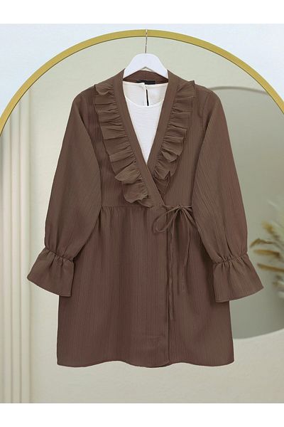 Modamorfo Kimono Crinkle cu volane în față - maro