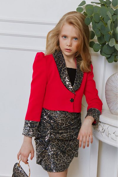 By Feyza Kids Collection Girl Leopard Elegance Set Skirt&Coat&Blouse&Bag 4 Piece Combination