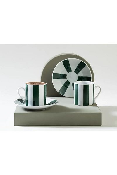 English Home Green-White 80 Ml Porcelain Coffee Cup Set - Simple Black