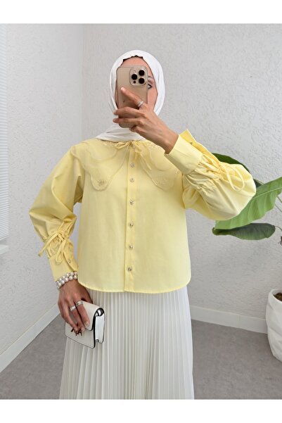 Modamorfo Organza Collar Sleeve Lacing Detailed Shirt -Yellow