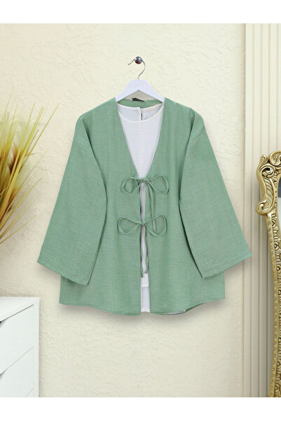 Modamorfo Lace Front Linen Kimono - Water Green