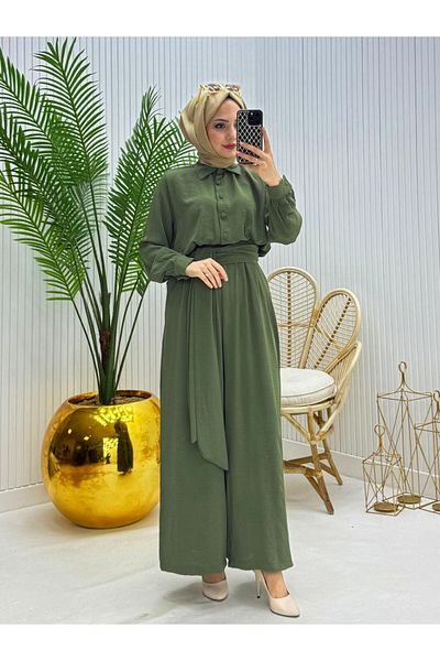 Modamorfo Half Button Belted Elastic Waist Jumpsuit - Khaki