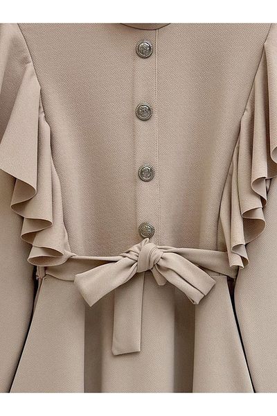 Modamorfo Button Detailed Ruffled Shoulder Suit - Beige