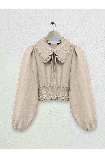 Modamorfo Elastic Waist Baby Collar Long Sleeve Blouse - Beige
