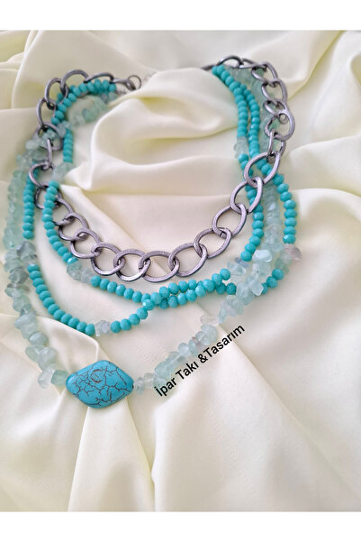 İPAR AKSESUAR Çoklu Tasarım Turkuaz Boncuklu Fantazi Zincirli Doğaltaş Kolye