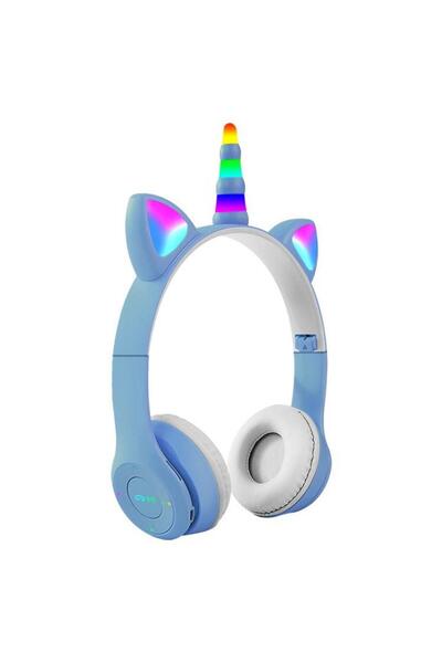 - Unicorn Şeklnde Işıklı Bluetooth Kulaklık - Mavi