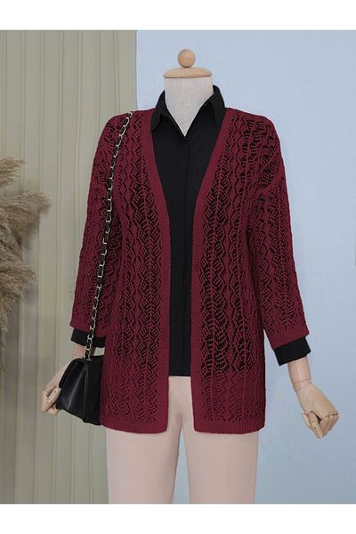 Modamorfo Half Sleeve Openwork Short Cardigan - Burgundy