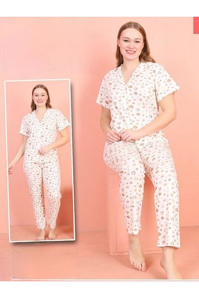 Modamorfo Set pijama cu mânecă scurtă cu nasturi cu decolteu în V cu flori împrăștiate - Ecru