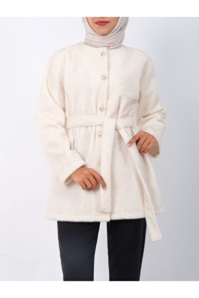 Modamorfo Buttoned Waist Tie Fur Jacket - Ecru