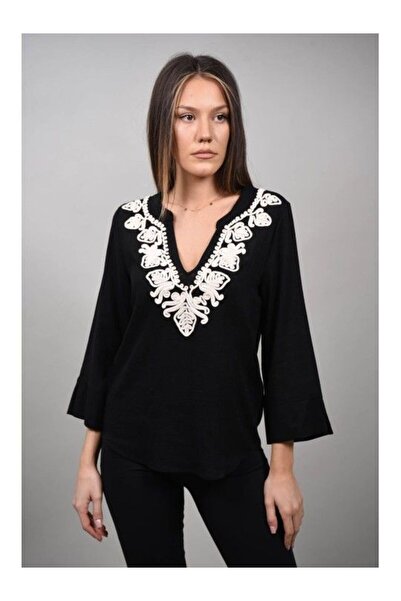 Y TWO WOMEN BLUZA TIP TUNICA CU DECOLTEU V KALEIDARE Negru S-M