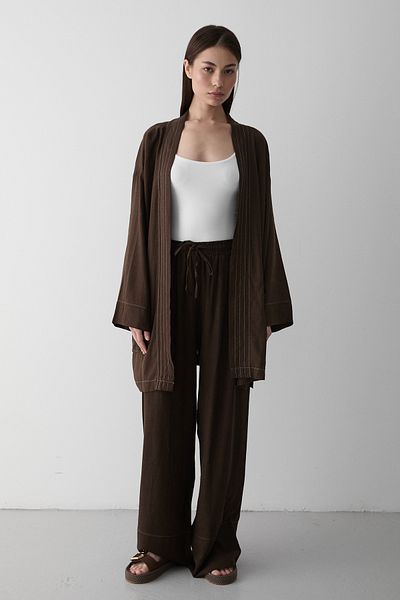 Laluvia Brown 100% Cotton Belted Kimono Set with Pocket Detail - 8491