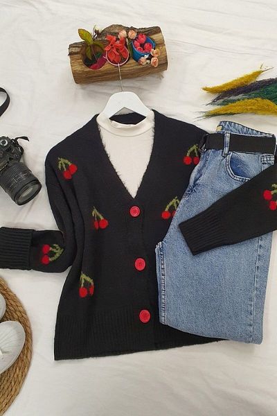 Modamorfo Cherry Pattern Short Cardigan -Black
