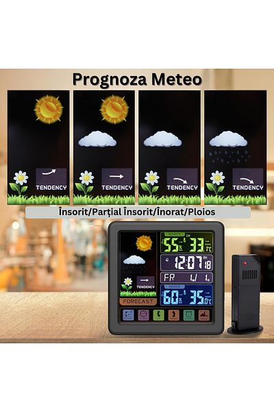 Velixo Stație meteo wireless cu senzor, ecran tactil LCD, temperatură și umiditate, prognoză meteo, ceas, alarmă