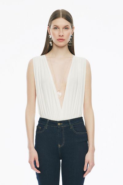 Perspective White Denias Regular Fit V-Neck Zero Sleeve Blouse