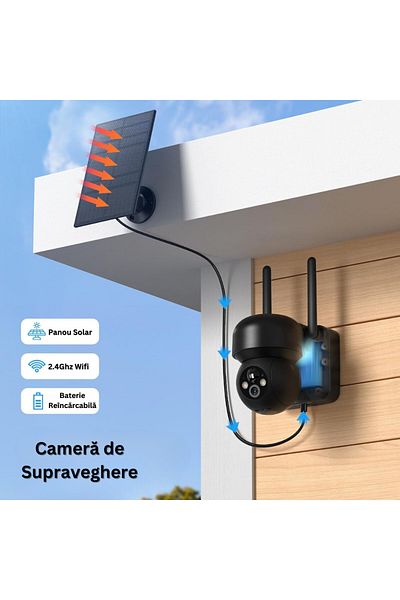 Velixo Wifi Solar Surveillance Camera, 2k Qhd 3mp, 360° View, Night Vision Color, Led Light, Motion Sensor