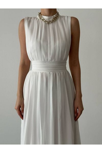 NDN STORE Women's Chiffon Fabric Stand Collar Back Low-Cut Design Sleeveless Maxi Evening Dress