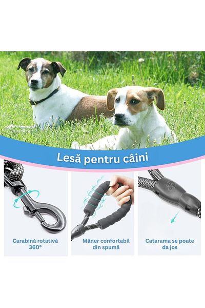 Velixo Lesă pentru câini 5m, mâner din spumă moale, reflectorizantă, prindere metalică la 360°, pentru câini de talie medie/mare, inclus suport pentru geantă