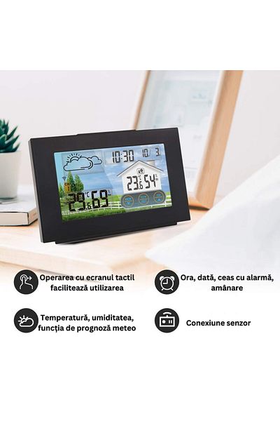 Velixo Stație meteo wireless cu senzor exterior, temperatură și umiditate, prognoză meteo, calendar, ecran tactil LCD