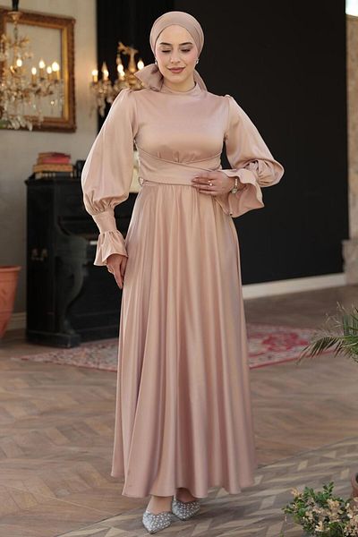 N.S NEVA STYLE Μπισκότο Hijab Σατέν Βραδινό Φόρεμα 5983BS