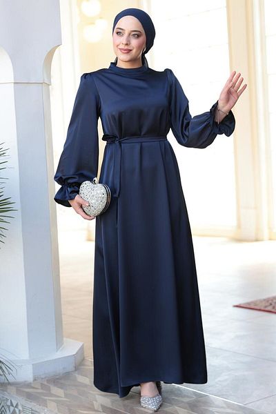 N.S NEVA STYLE Σατέν Μπλε Ναυτικό Φόρεμα Hijab 62132L
