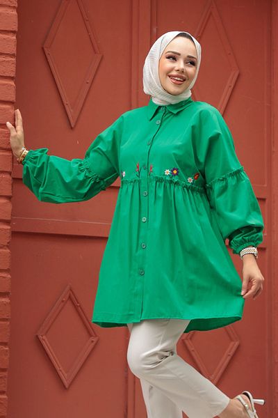 N.S NEVA STYLE Embroidery Patterned Light Green Hijab Tunic 40603Ay