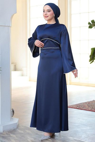 N.S NEVA STYLE Βραδινό φόρεμα Satin Navy Blue Hijab 61592L