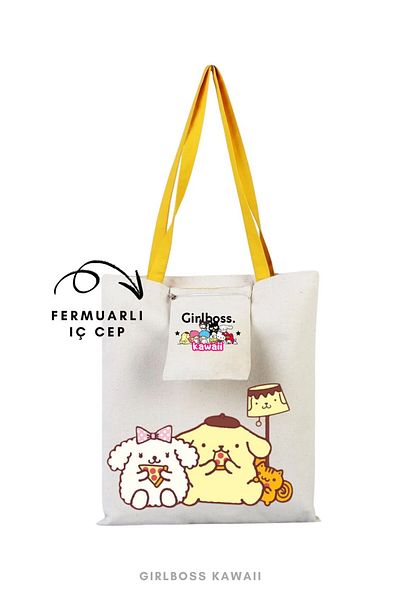 Girlboss Kawaii Girlboss Pompompurin κίτρινη υφασμάτινη πάνινη τσάντα με εσωτερική τσέπη 11 διαφορετικά μοντέλα