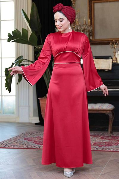 N.S NEVA STYLE Βραδινό φόρεμα Satin Red Hijab 61592K