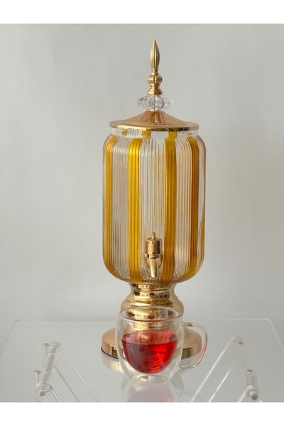 Living موزع مشروبات زجاجي للمياه والعصير والشاي المثلج بلون العسل الشفاف