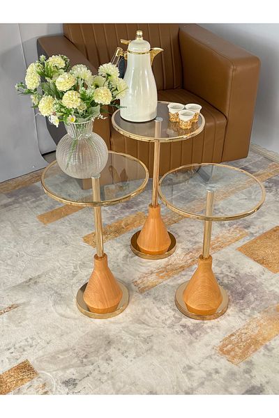 Living 3-piece Glass Service Table Set With Gold/wooden Steel Bases